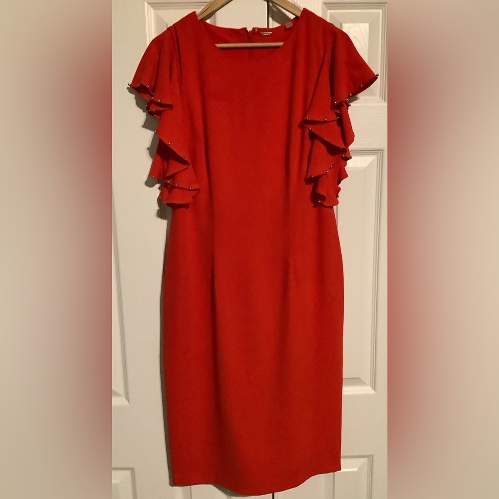 T Tahari Red Midi Dress with Ruffle Sleeves